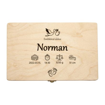 Fenyőfa emlékőrző doboz gólyával 30×20 cm