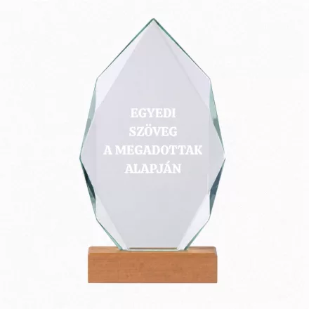 Üvegtrófea bükkfa talppal egyedi szöveggel gravírozva